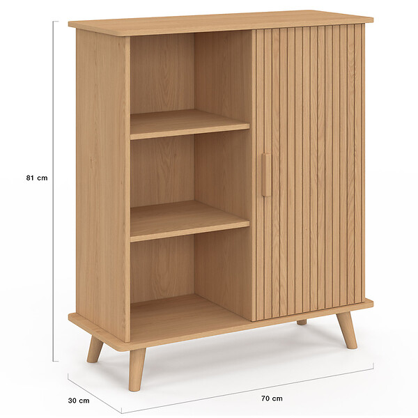ID MARKET - Buffet d'appoint 3 étagères et placard 70 cm JULIETTE effet lattes tasseau bois - large