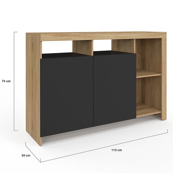 ID MARKET - Buffet 110 cm MALO bois façon hêtre et portes noires - large
