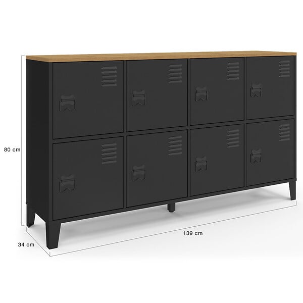 ID MARKET - Buffet casier 139 cm ESTER 8 portes en métal noir plateau bois design industriel - large