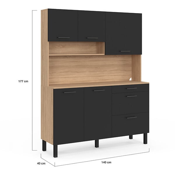 ID MARKET - Buffet casserolier de cuisine 140 cm CINA 5 portes + 3 tiroirs façon hêtre et noir - large