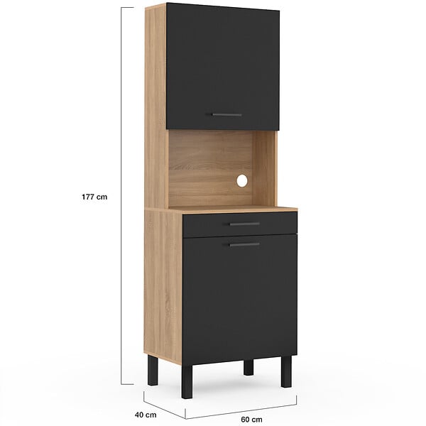 ID MARKET - Buffet de cuisine 60 CM CINA 2 portes + tiroir façon hêtre et noir - large