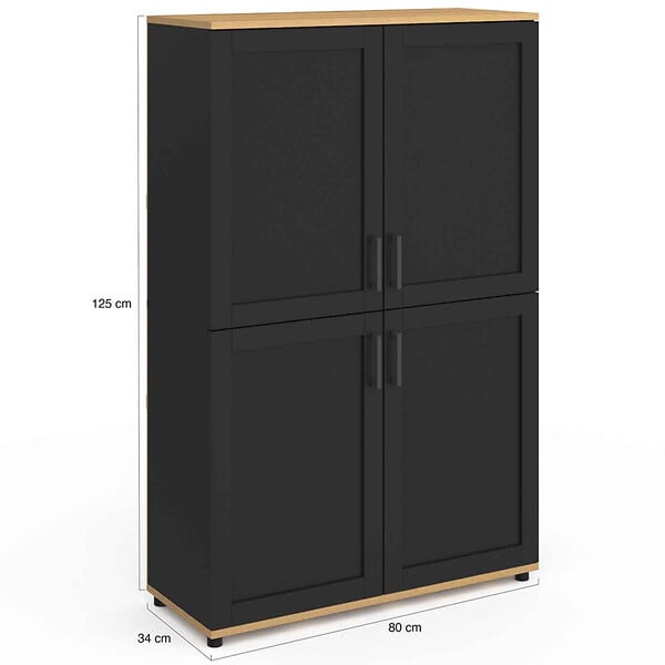 ID MARKET - Buffet haut H. 125 cm VITO 4 portes noir et bois - large