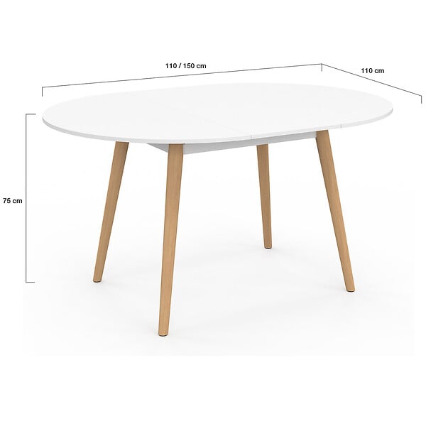 ID MARKET - Table à manger extensible ronde ANGELA 4-8 personnes blanc pied bois 110 - 150 cm - large