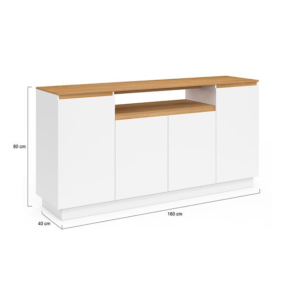 ID MARKET - Buffet 160 cm SERENA 4 portes avec niche centrale blanc et plateau effet bois - large