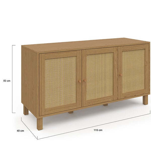 ID MARKET - Buffet bas vintage 113 cm HANAE 3 portes effet naturel cannage - large