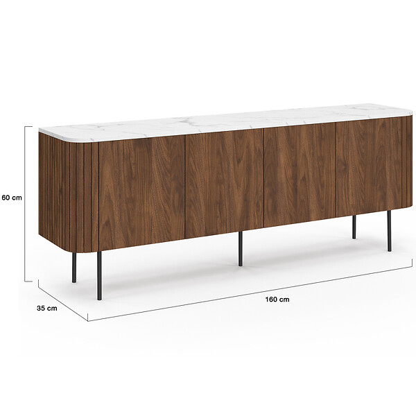ID MARKET - Buffet bas 160 cm MARLA 4 portes effet noyer et lattes et plateau marbre blanc ALASKA - large