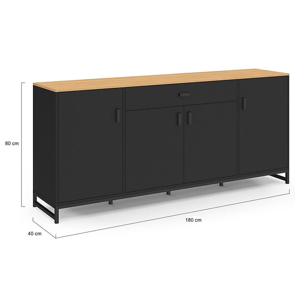 ID MARKET - Buffet 180 cm WASHINGTON XXL 4 portes et 1 tiroir bois et noir - large