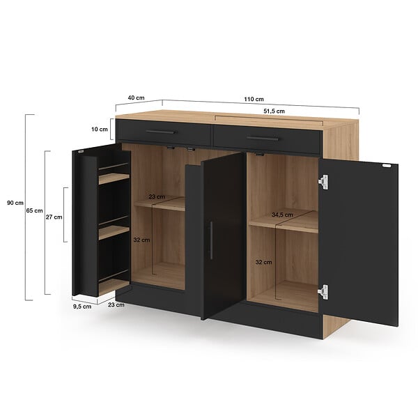 ID MARKET - Buffet bas de cuisine 110 cm ALTO avec rangements façon hêtre et noir - large