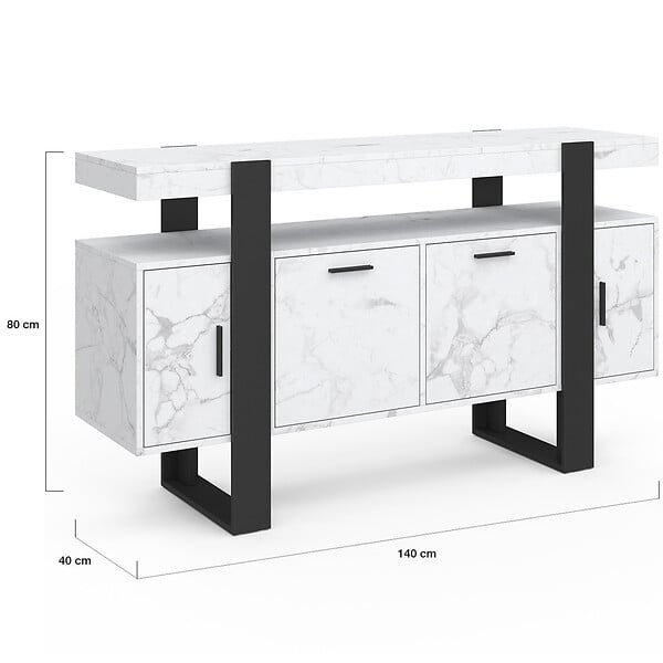 ID MARKET - Buffet 140 cm PHOENIX 4 portes effet marbre blanc ALASKA et noir - large