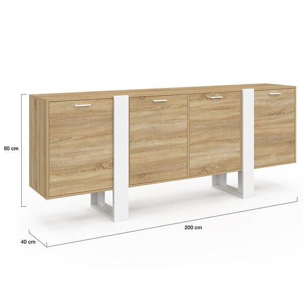 ID MARKET - Buffet enfilade 200 cm PHOENIX XXL 4 portes bois et blanc - large