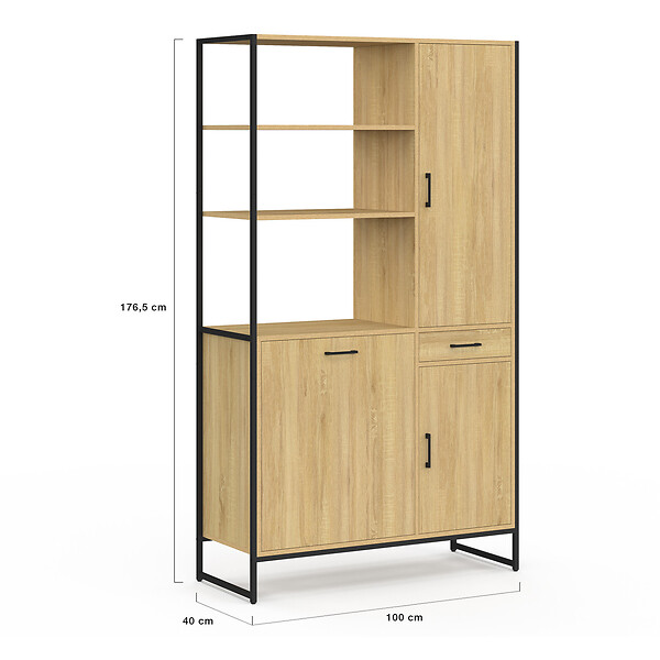 ID MARKET - Buffet de cuisine avec colonne de rangement 100 CM DETROIT 3 portes + tiroir design industriel - large