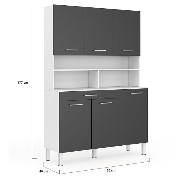 ID MARKET - Buffet de cuisine 120 CM CINA 6 portes + tiroir blanc et gris brillant - large