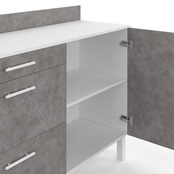 ID MARKET - Buffet bas casserolier de cuisine 120 cm CINA plan de travail H.83 cm 1 porte + 3 tiroirs blanc et effet béton - large