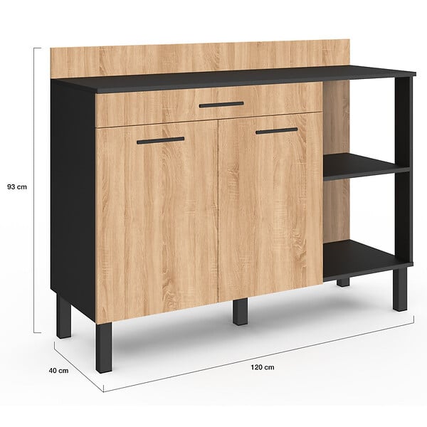 ID MARKET - Buffet bas de cuisine 120 cm CINA plan de travail H.83 cm 2 portes + tiroir noir et façon hêtre - large