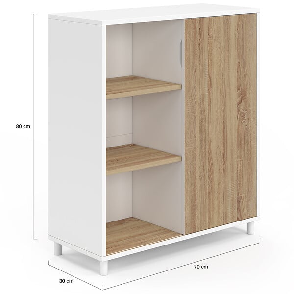 ID MARKET - Buffet d'appoint 70 cm EASY montage facile sans outils 3 étagères et 1 porte coulissante réversible blanc et bois - large