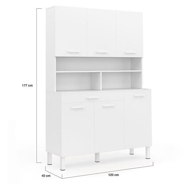 ID MARKET - Buffet de cuisine 120 CM CINA 6 portes + tiroir blanc et blanc brillant - large