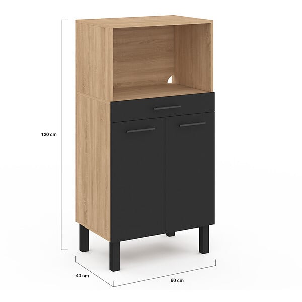 ID MARKET - Buffet mi-haut de cuisine pour micro-onde 60 cm CINA 1 tiroir 2 portes façon hêtre et noir - large