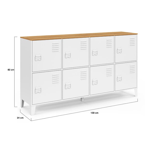 ID MARKET - Buffet casier 139 cm ESTER 8 portes en métal blanc plateau bois design industriel - large