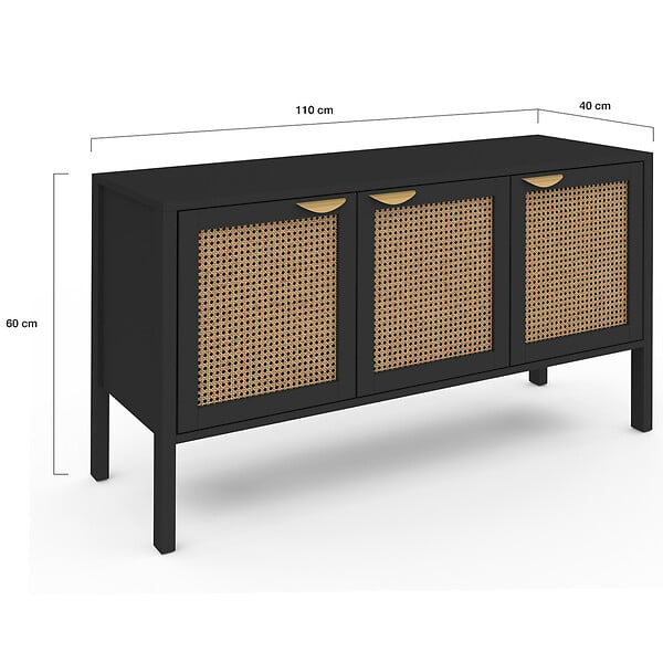 ID MARKET - Buffet bas 110 cm EDHEN 3 portes bois noir et cannage - large