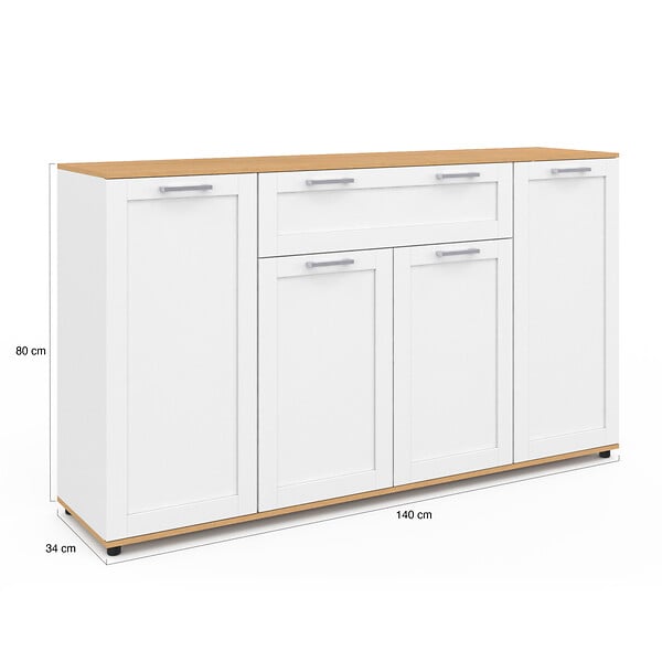 ID MARKET - Buffet 140 cm VITO 4 portes et 1 tiroir blanc et bois - large