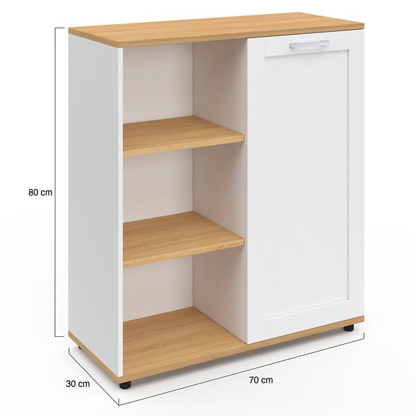 ID MARKET - Buffet d'appoint 70 cm VITO 3 étagères et placard blanc et plateau bois - large