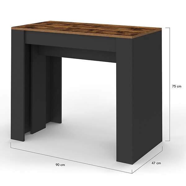 ID MARKET - Table console extensible ORLANDO 10 personnes 235 cm bois effet vieilli et noir - large