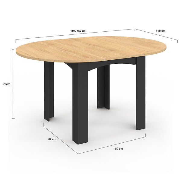ID MARKET - Table à manger extensible ronde DONA 4-8 personnes noire plateau façon hêtre 110-150 cm - large