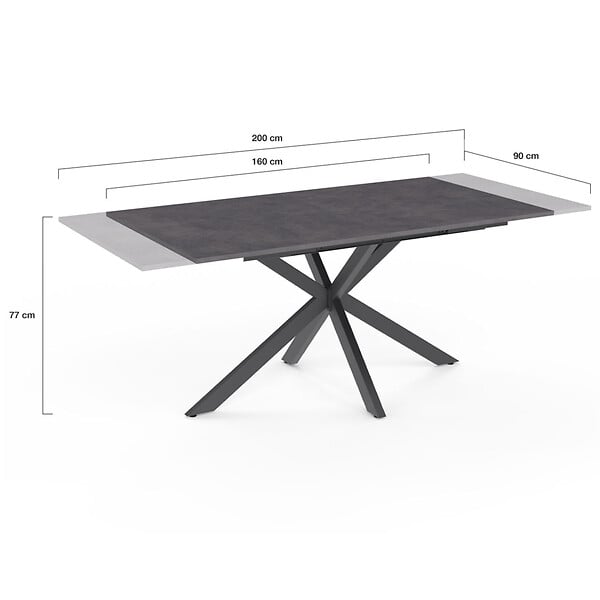 ID MARKET - Table à manger extensible rectangle JASPE 6-10 personnes plateau effet béton pied araignée gris anthracite 160-200cm - large