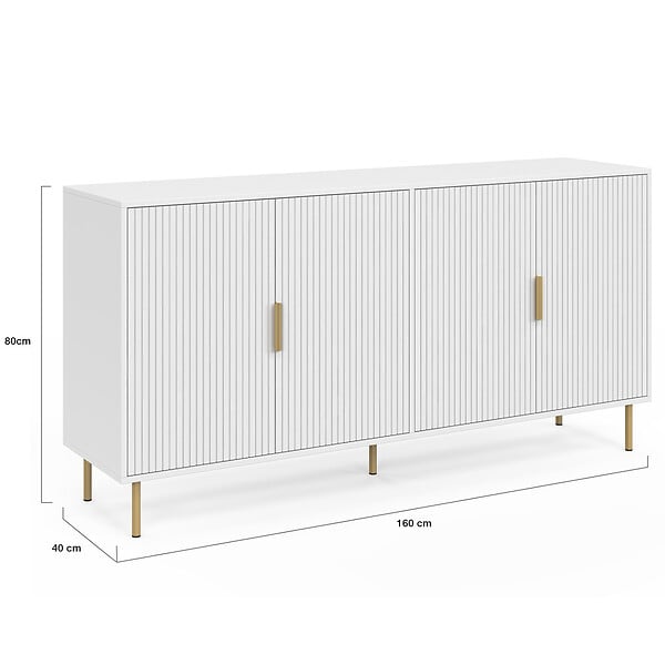ID MARKET - Buffet 160 cm MARCEL 4 portes blanc effet lattes et finitions dorées - large