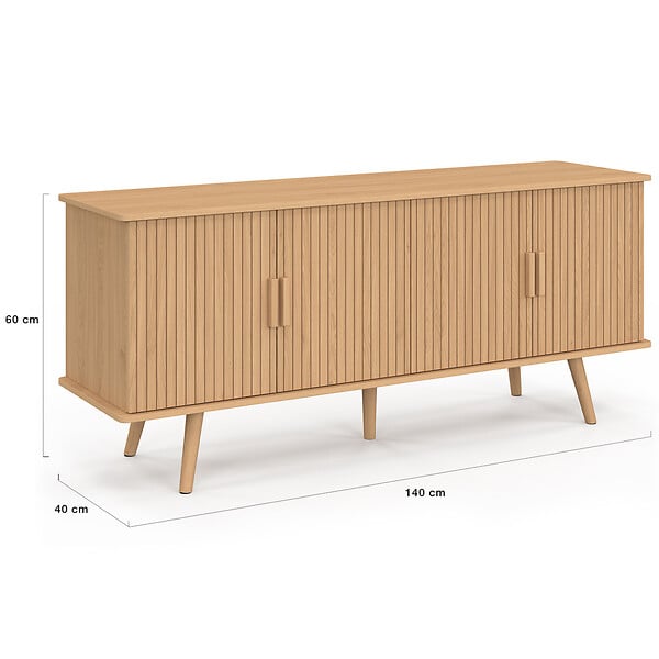 ID MARKET - Buffet bas 140 cm JULIETTE 4 portes effet lattes tasseau bois coloris chêne - large