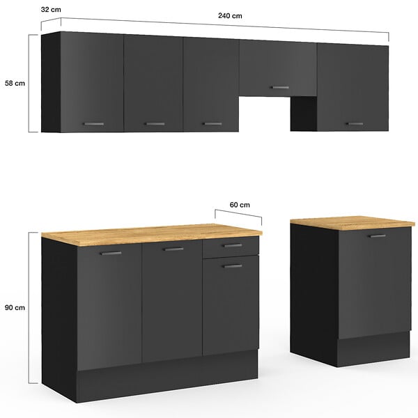ID MARKET - Cuisine complète 240 cm SUBTIL avec plan de travail 7 éléments noir et plateaux bois - large