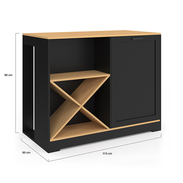 ID MARKET - Table de bar îlot VITO 113 cm avec range bouteilles bois noir et plateau façon hêtre - large