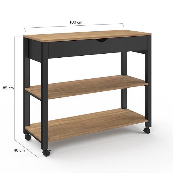 ID MARKET - Desserte de cuisine PENH XXL avec tiroir et plan de travail noir plateaux façon hêtre L.100 CM - large