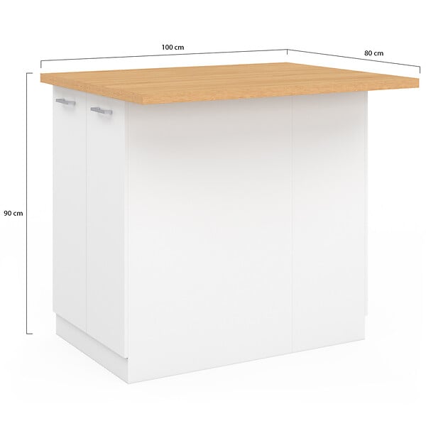 ID MARKET - Ilot central IVO 100 cm blanc avec plan de travail façon hêtre - large