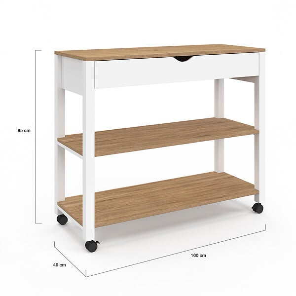 ID MARKET - Desserte de cuisine PENH XXL avec tiroir et plan de travail blanc plateaux façon hêtre L.100 CM - large
