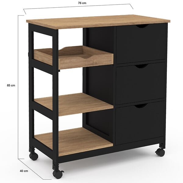 ID MARKET - Desserte de cuisine MUNA 3 paniers + 1 plateau amovible noir et effet hêtre L.76 cm - large