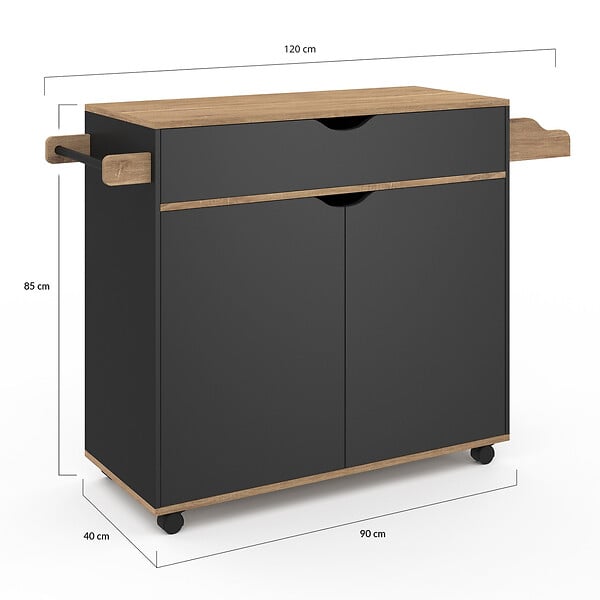 ID MARKET - Desserte de cuisine COSY XXL placard avec tiroir noir et plateaux façon hêtre L.90 CM - large