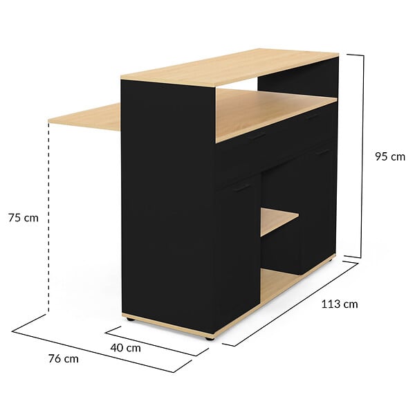 ID MARKET - Meuble de bar extensible en table à manger 2 personnes VITO noir et plateau bois - large
