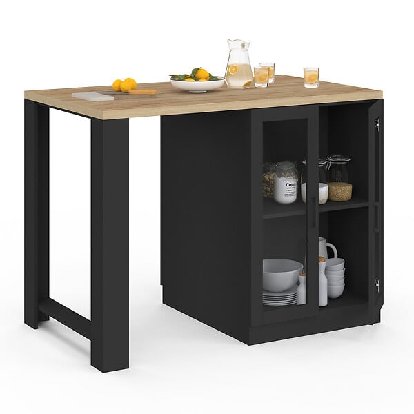 ID MARKET - Ilot central LINO 120 cm 2 personnes bois noir avec plan de travail façon hêtre et portes vitrées - large