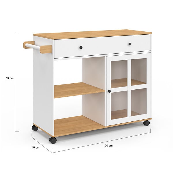 ID MARKET - Desserte de cuisine ACHILLE XXL avec étagère et placard vitré bois et blanc L.100 CM - large