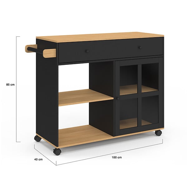 ID MARKET - Desserte de cuisine ACHILLE XXL avec étagère et placard vitré bois et noir L. 100 CM - large