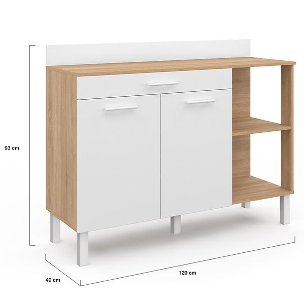 ID MARKET - Buffet bas de cuisine 120 cm CINA plan de travail H.83 cm 2 portes + tiroir façon hêtre et blanc - large