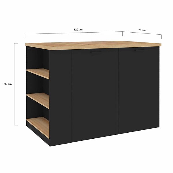 ID MARKET - Ilot central TIBO 120 cm bois noir avec plan de travail façon hêtre - large