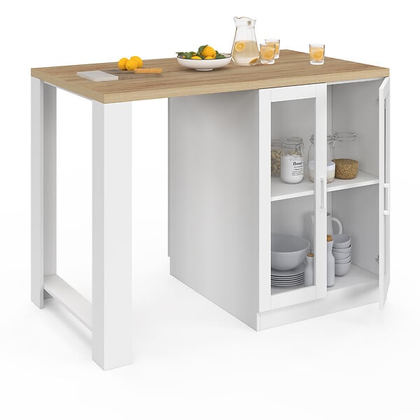 ID MARKET - Ilot central LINO 120 cm 2 personnes bois blanc et plan de travail façon hêtre et portes vitrées - large