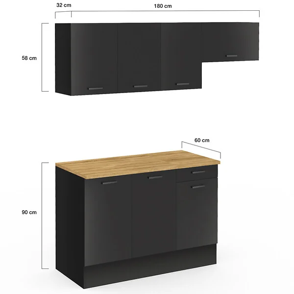 ID MARKET - Cuisine complète 180 cm SUBTIL avec plan de travail 5 éléments noir et plateaux bois - large