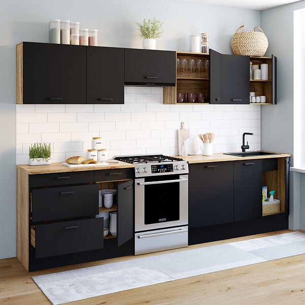 ID MARKET - Cuisine complète casserolier 300 cm SUBTIL avec plan de travail 9 éléments bois et noir - large