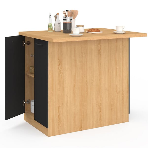 ID MARKET - Ilot central IVO 100 cm bois façon hêtre portes noires avec plan de travail - large