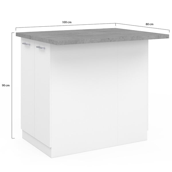 ID MARKET - Ilot central IVO 100 cm blanc avec plan de travail effet béton - large
