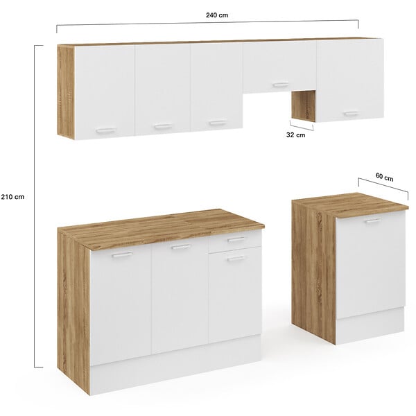 ID MARKET - Cuisine complète 240 cm SUBTIL avec plan de travail 7 éléments bois et blanc - large