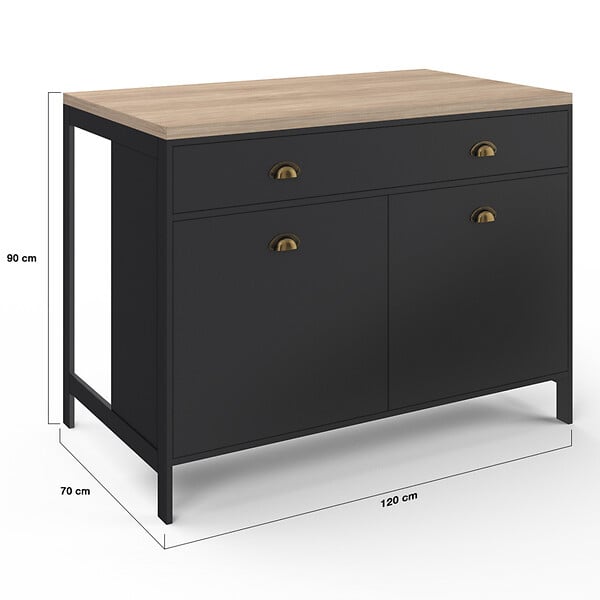 ID MARKET - Ilot central 120 cm campagne ISIS plateau bois façon hêtre et noir - large